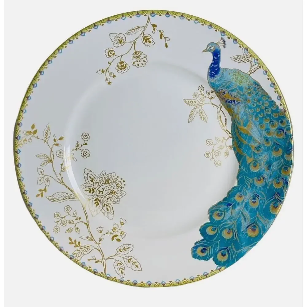 222 FIFTH Peacock Garden Porcelain Dinner Plate Set of 4 Gold Floral Scroll NEW